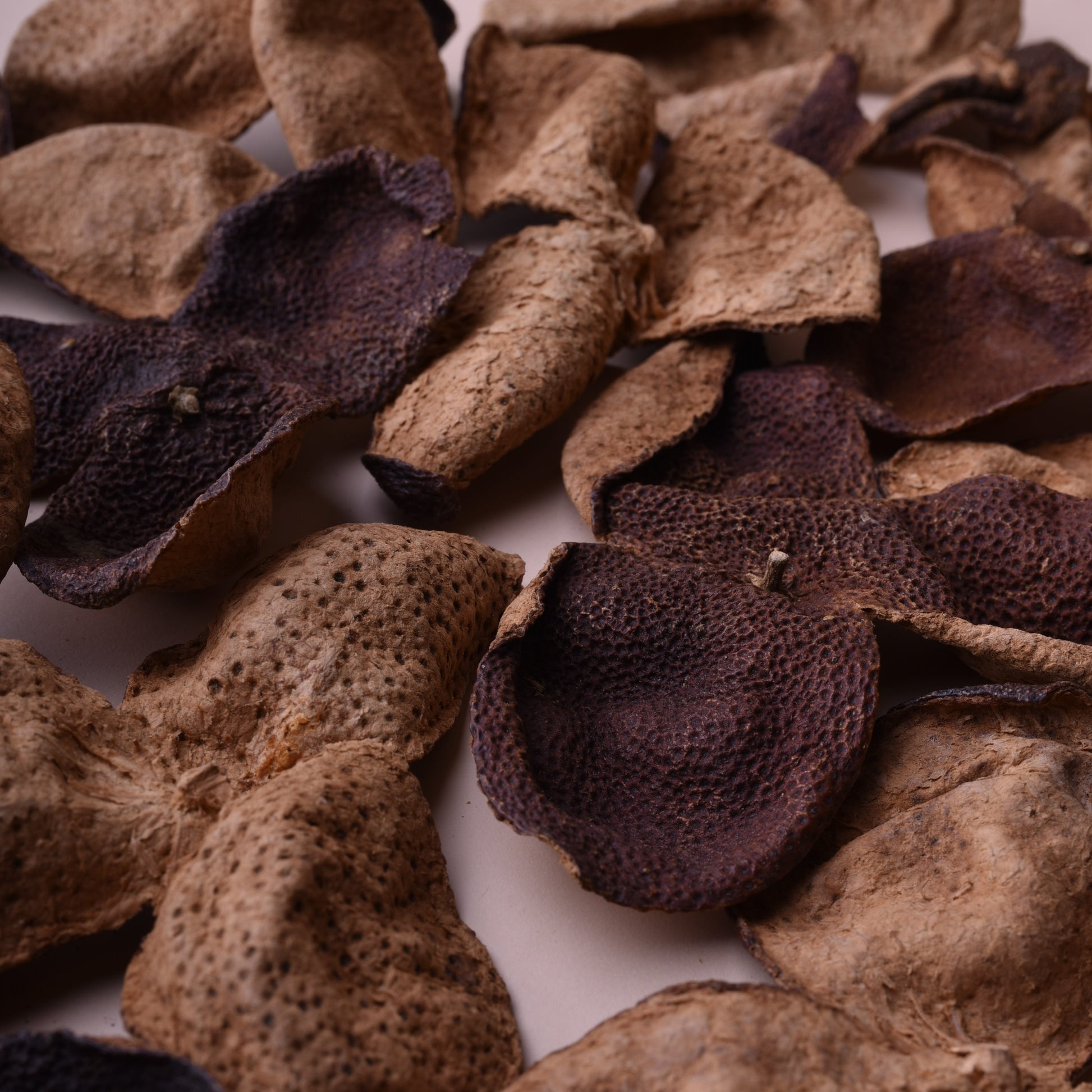 Close-up of dried orange peels (chenpi).