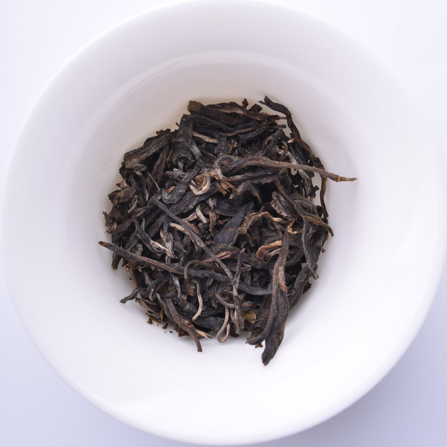 Sheng / raw Puerh tea leaves in a white Gaiwan